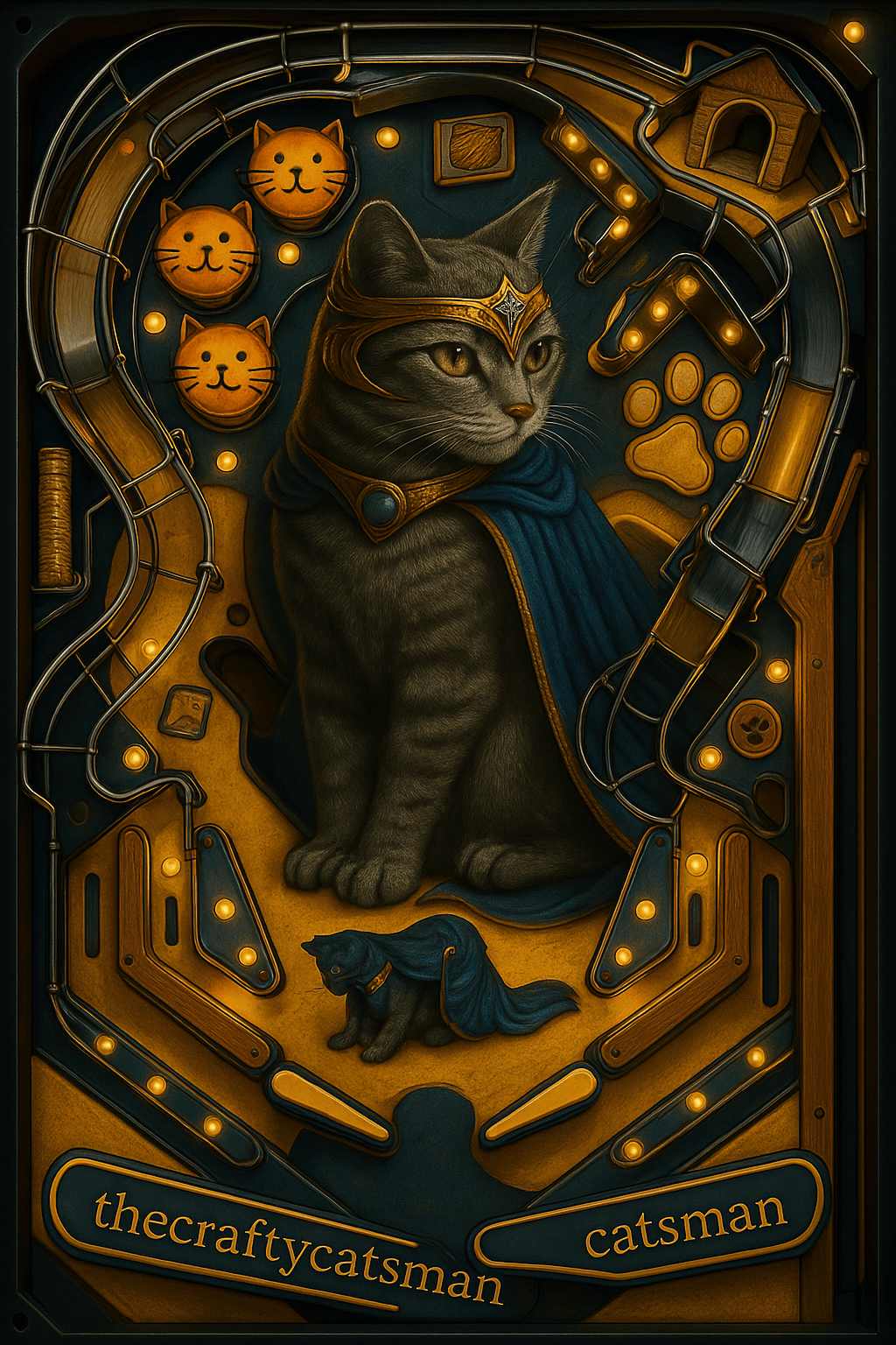 The Crafty Catsman themed virtual pinball playfield artwork