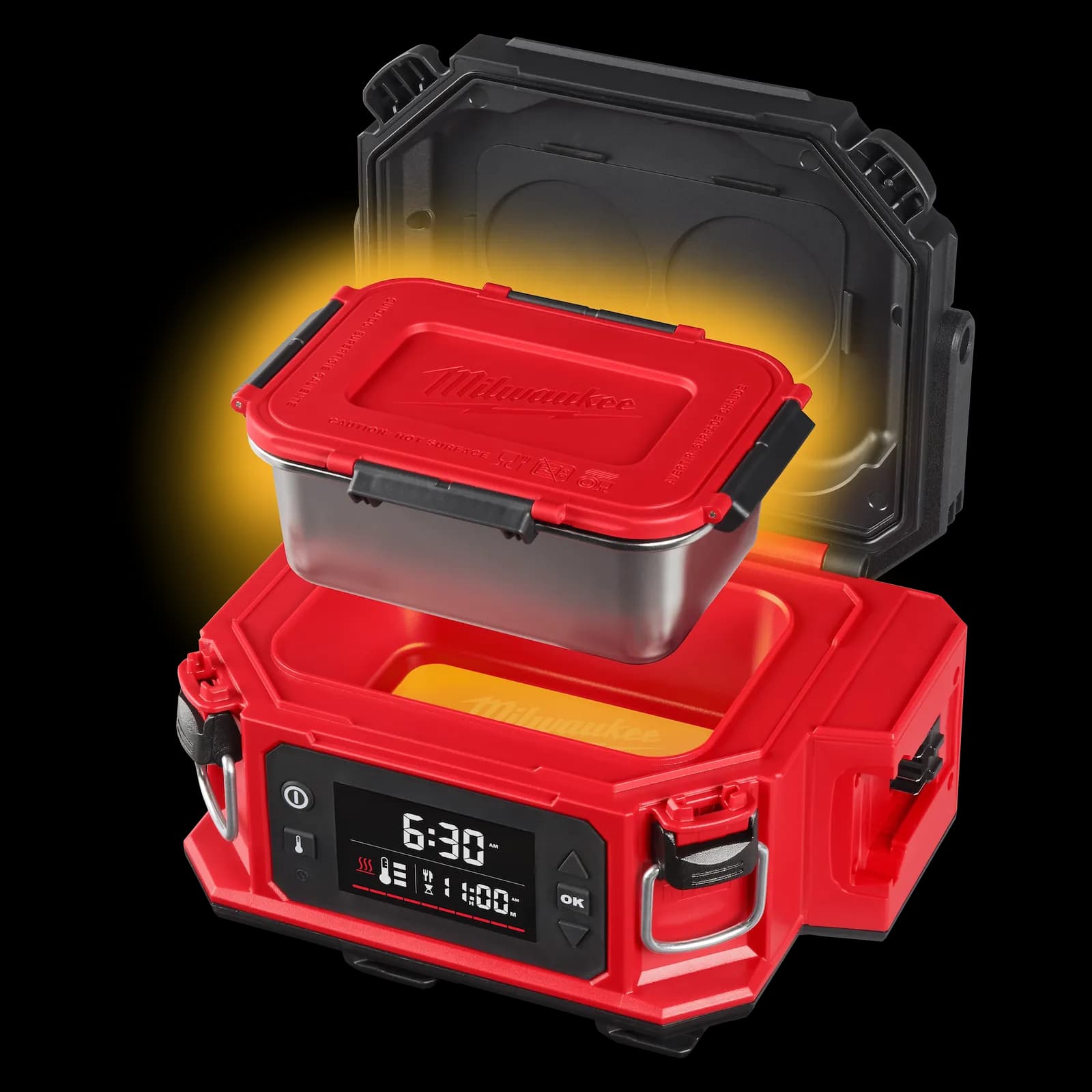 Red Milwaukee M18 Jobsite Lunch Warmer open beside its stainless food container with a red lid