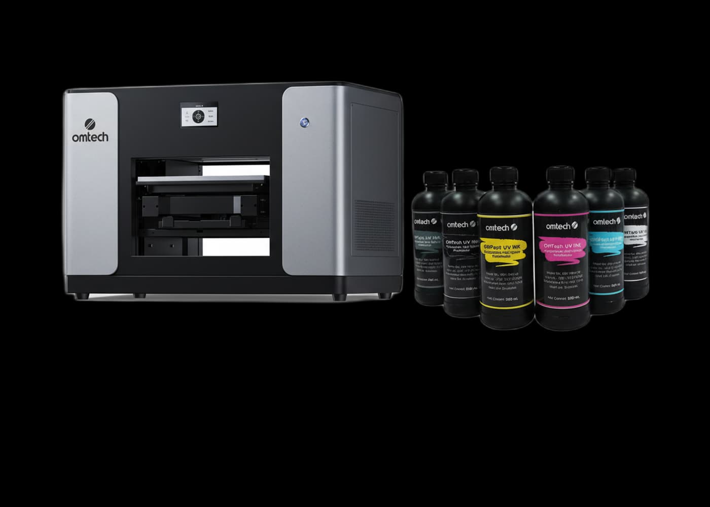 OMTech Spectra A3+ kit and ink bottles representing accessory and consumable planning