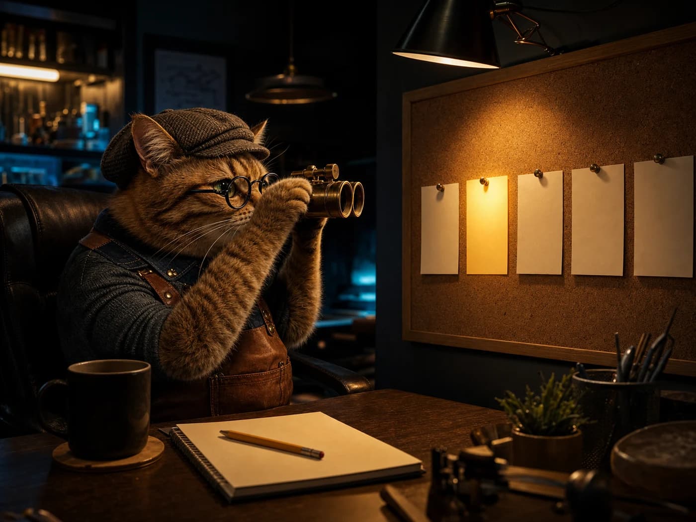 The Crafty Catsman cat at a desk with binoculars, watching a corkboard with five pinned cards, one glowing gold — keeping watch on a five-part launch reveal schedule