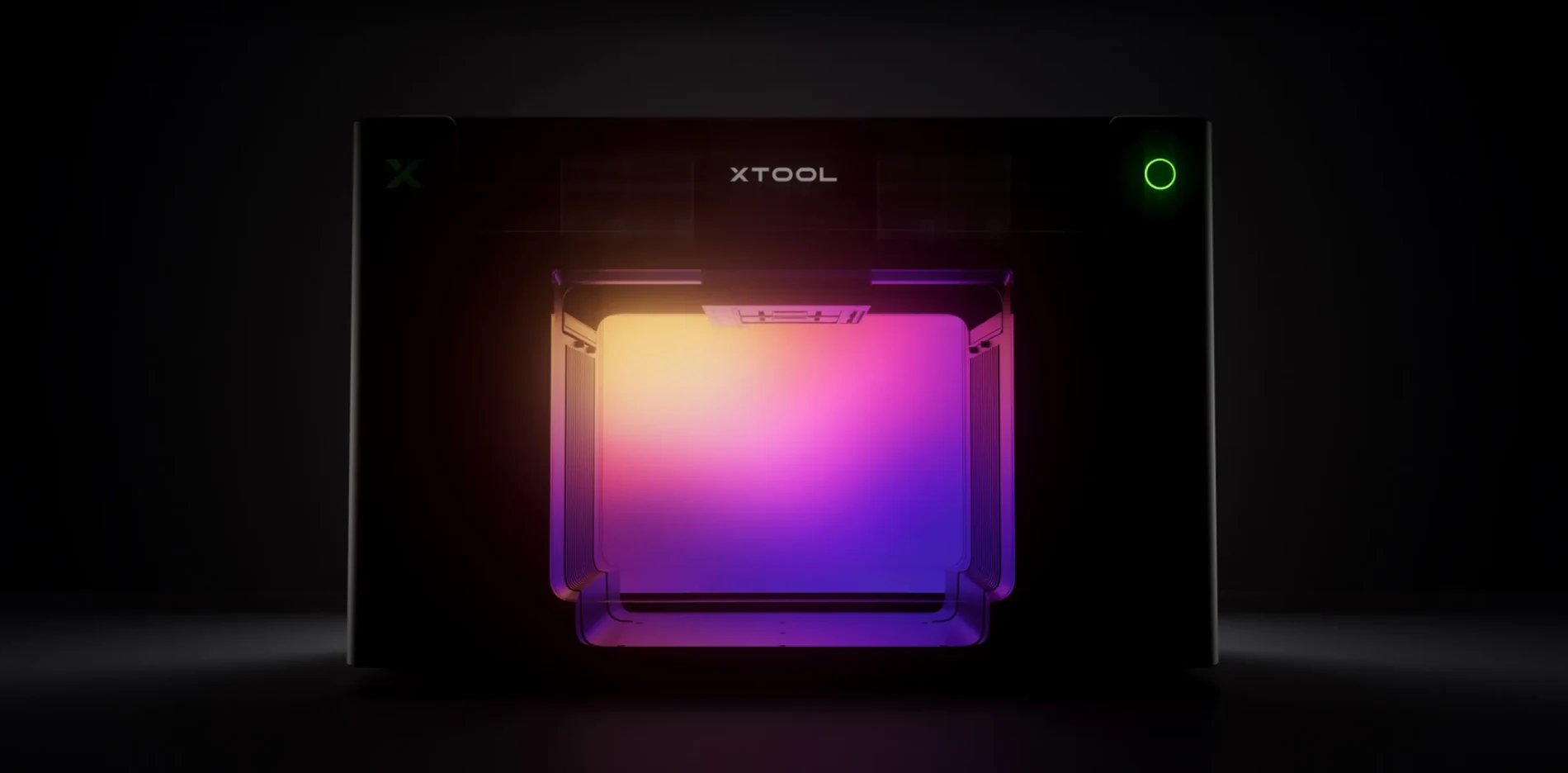 Official xTool O1 Omni front view with its print bay lit in yellow, magenta, and blue