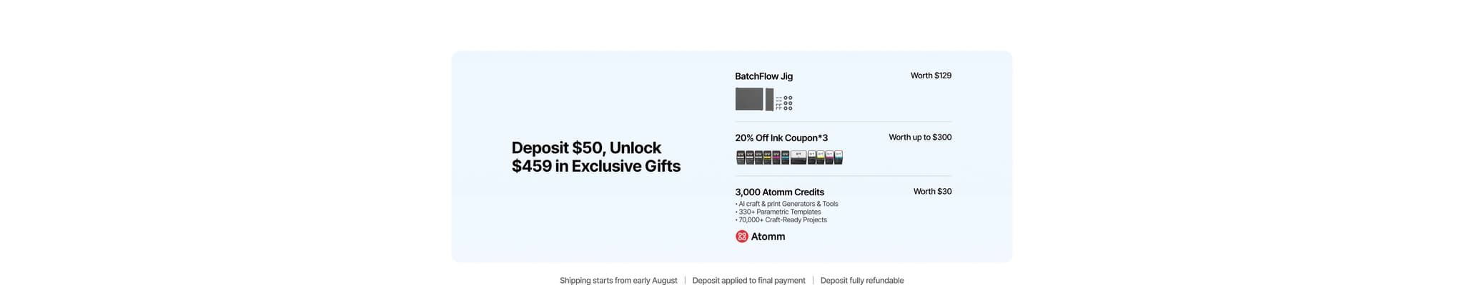 xTool O1 Omni public deposit image showing $50 deposit and $459 exclusive gifts