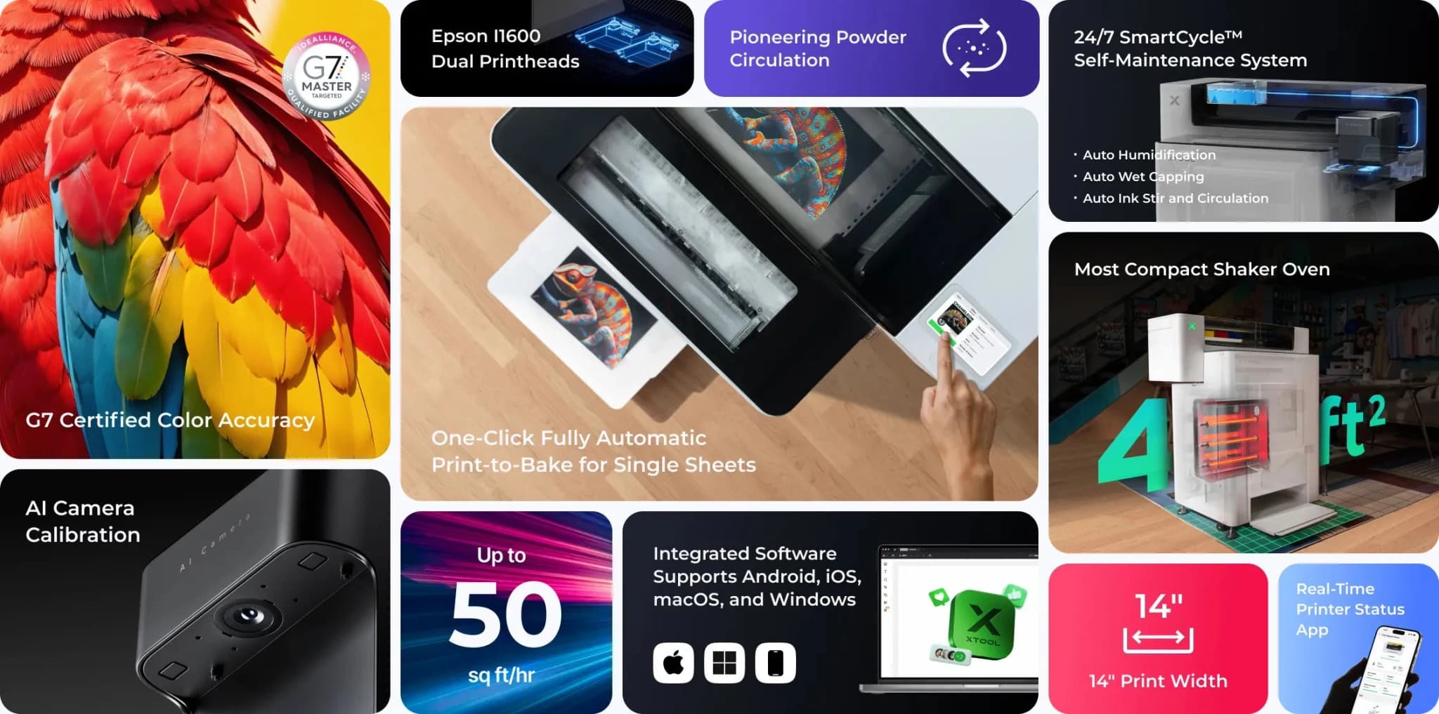 Official xTool Apparel Printer Plus feature overview showing its print workflow and output capabilities