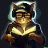 Cat character with safety glasses reading a book