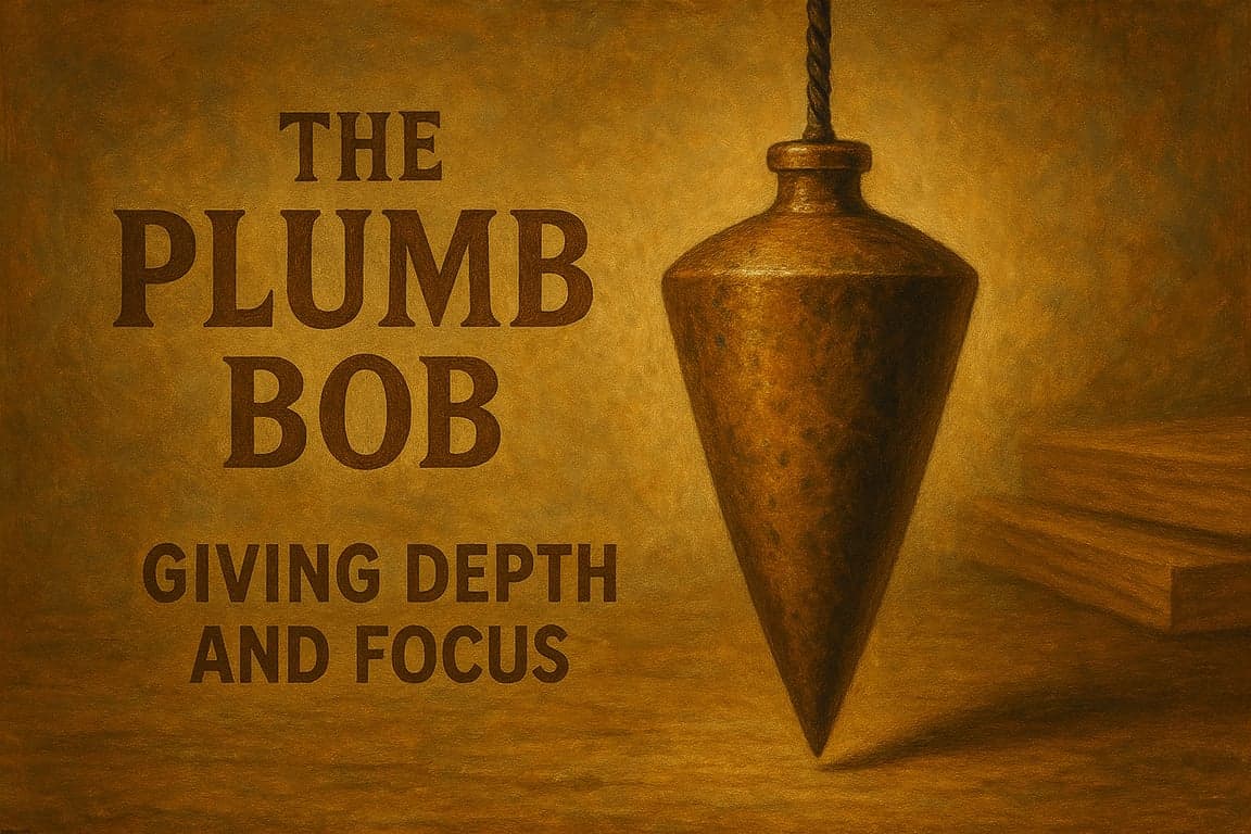 A brass plumb bob hanging against a workshop background