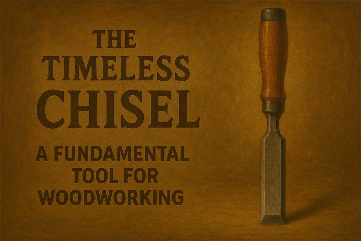 A sharp wood chisel resting on a workbench