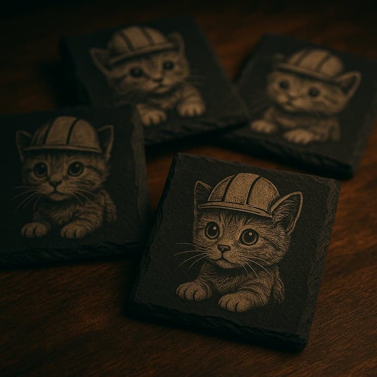 Set of four laser-engraved slate coasters with initials, housed in a wooden holder.