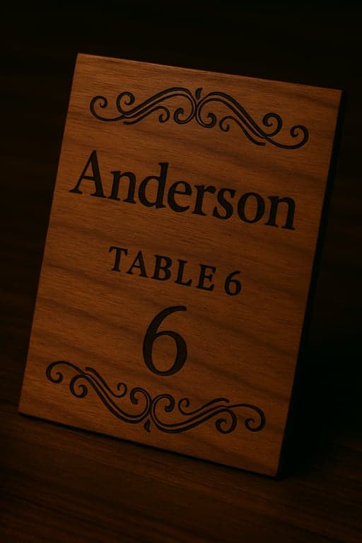 Elegant laser-cut wooden sign with bride and groom's names and wedding date.