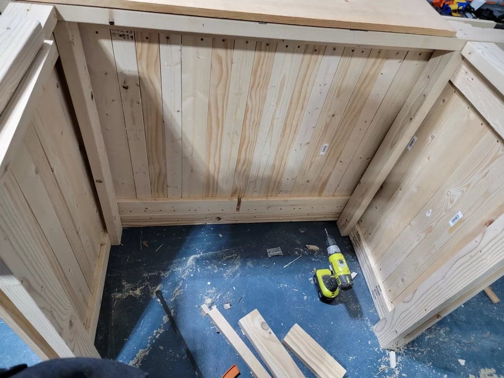 Rear view of the assembled basement bar base before the countertop was installed