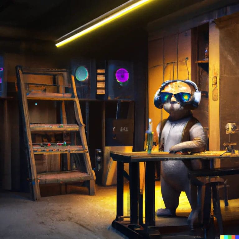 Cat with headphones drawing bar plans - layout and design phase