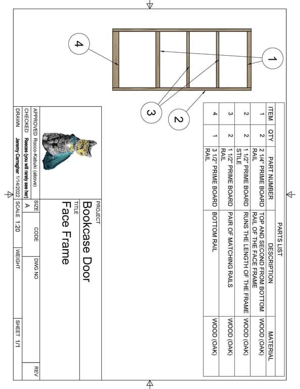 Landscape face-frame drawing with four labeled rails and stiles