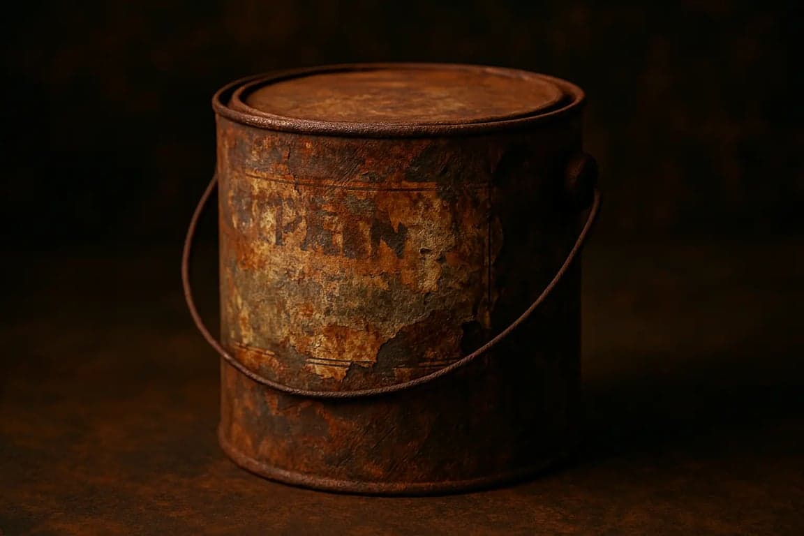 Rusty old paint cans stacked, illustrating the need for proper disposal