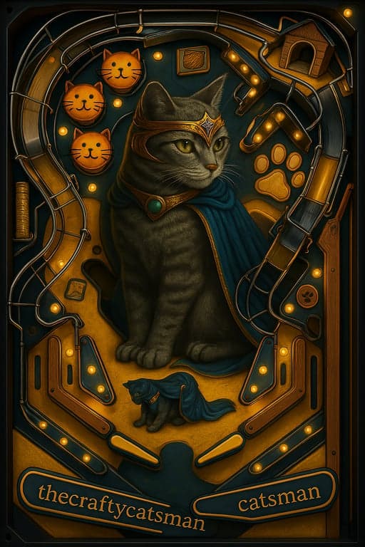 The Crafty Catsman virtual pinball playfield artwork with cabinet rails, lights, flippers, and playfield targets