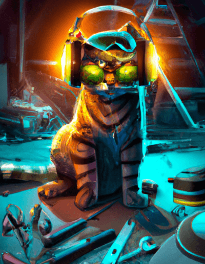 Cat character with safety glasses and tools