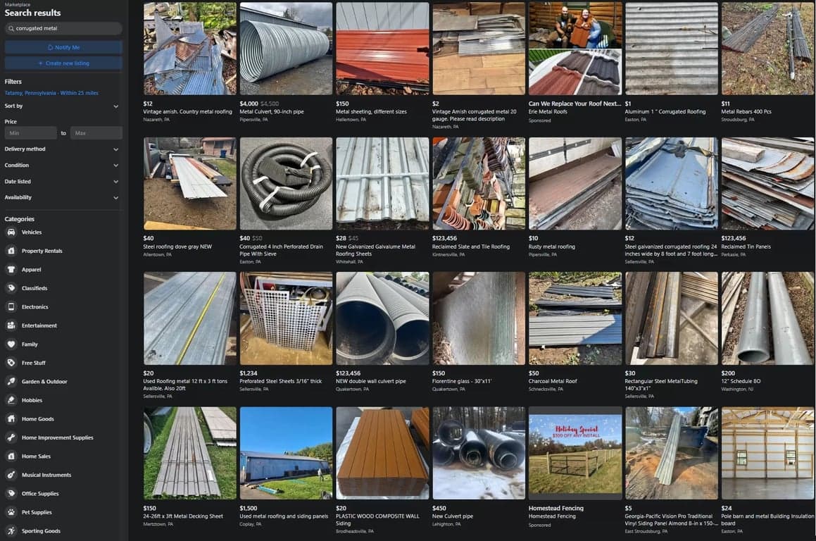 Facebook Marketplace showing corrugated metal listings