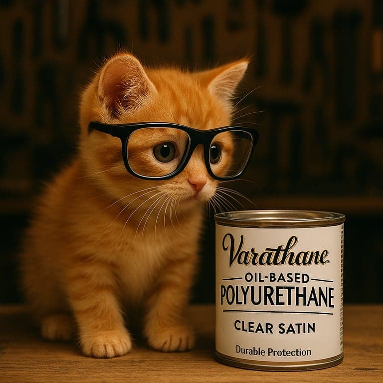 Cat with paint can showing how to apply polyurethane