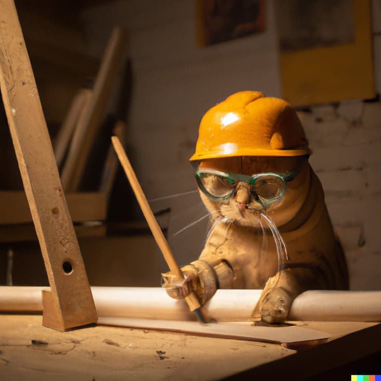 Cat woodworker using a pencil on a project