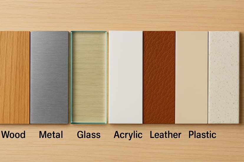 Examples of eufyMake E1 Material Compatibility including glass, leather, and stone