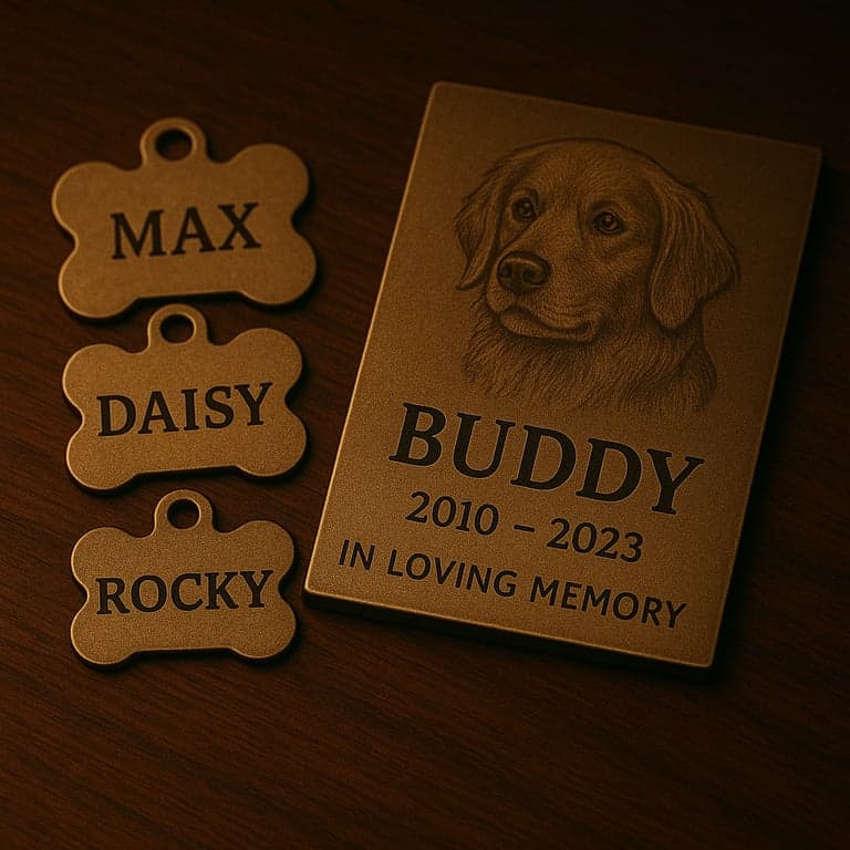Assortment of custom laser-engraved pet ID tags in metal and a small wooden pet memorial plaque.