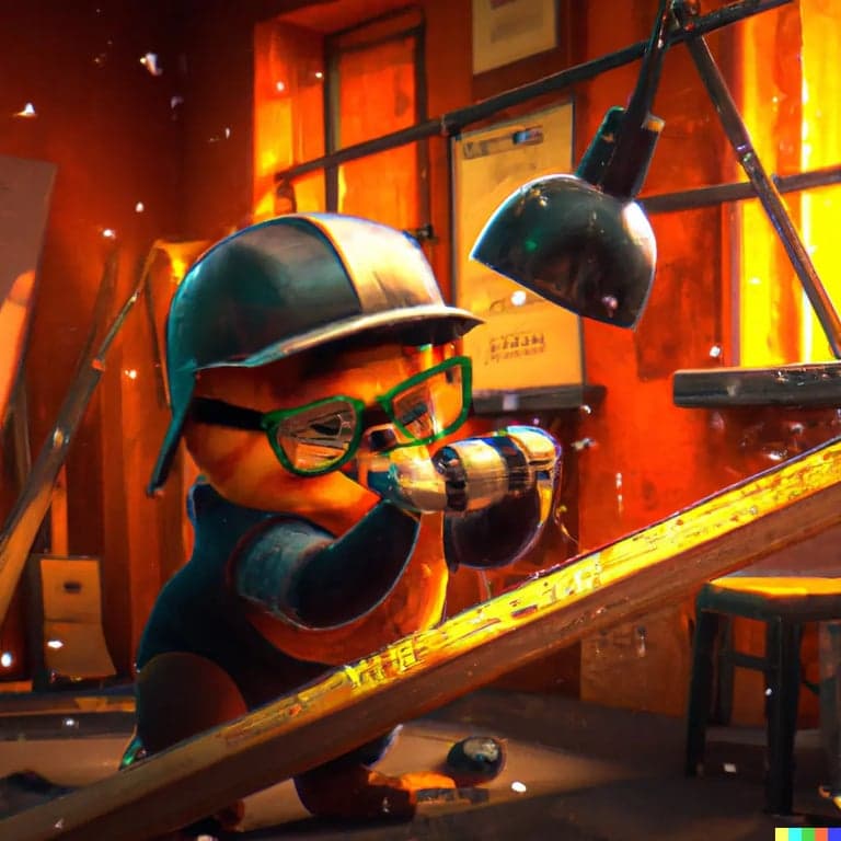 Cat with backwards hat building the bar