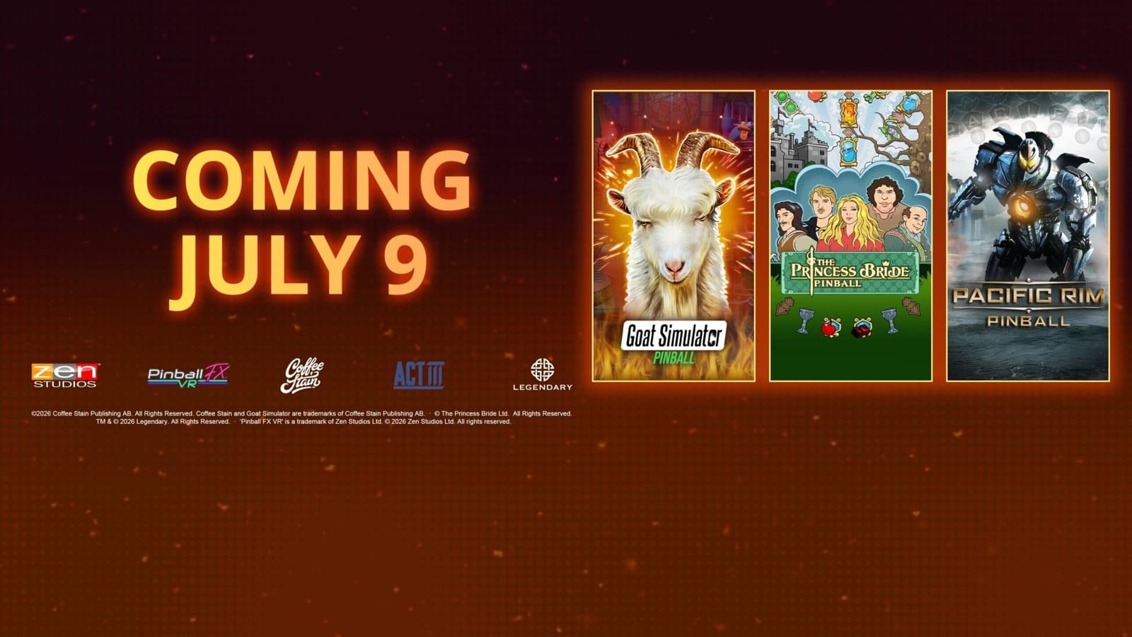Official Pinball FX VR July 2026 update artwork for Goat Simulator, The Princess Bride, and Pacific Rim tables