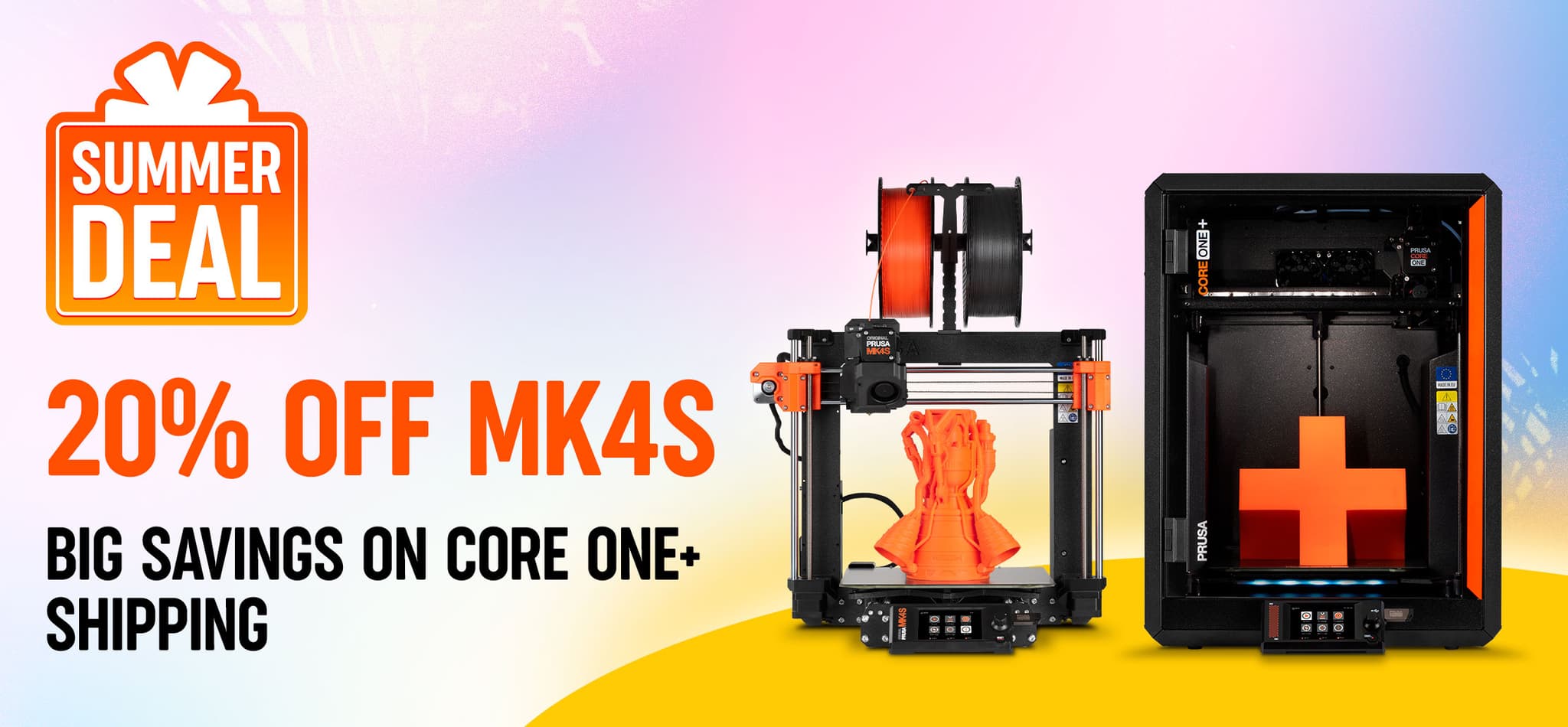 Official Prusa Flash Summer Deal artwork showing MK4S and CORE One+ with 20 percent off MK4S messaging