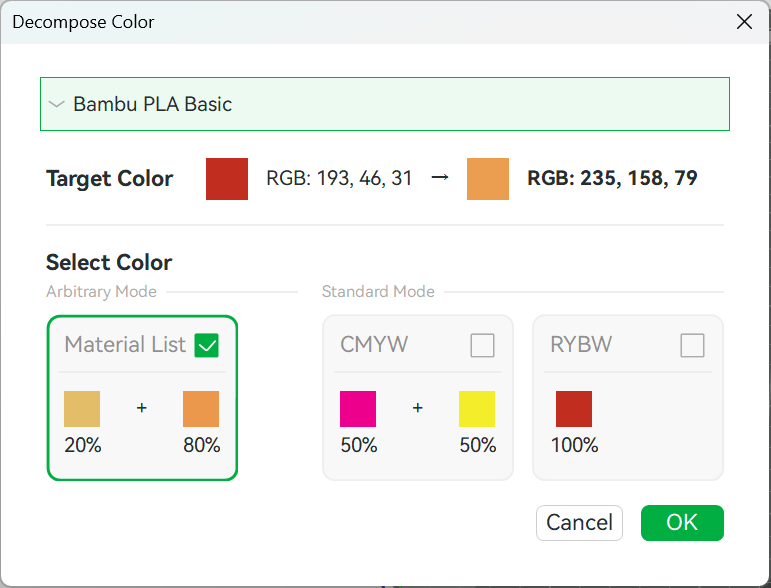 Bambu Studio 2.8.1 Decompose Color dialog showing Material List, CMYW, and RYBW filament combinations for a target color
