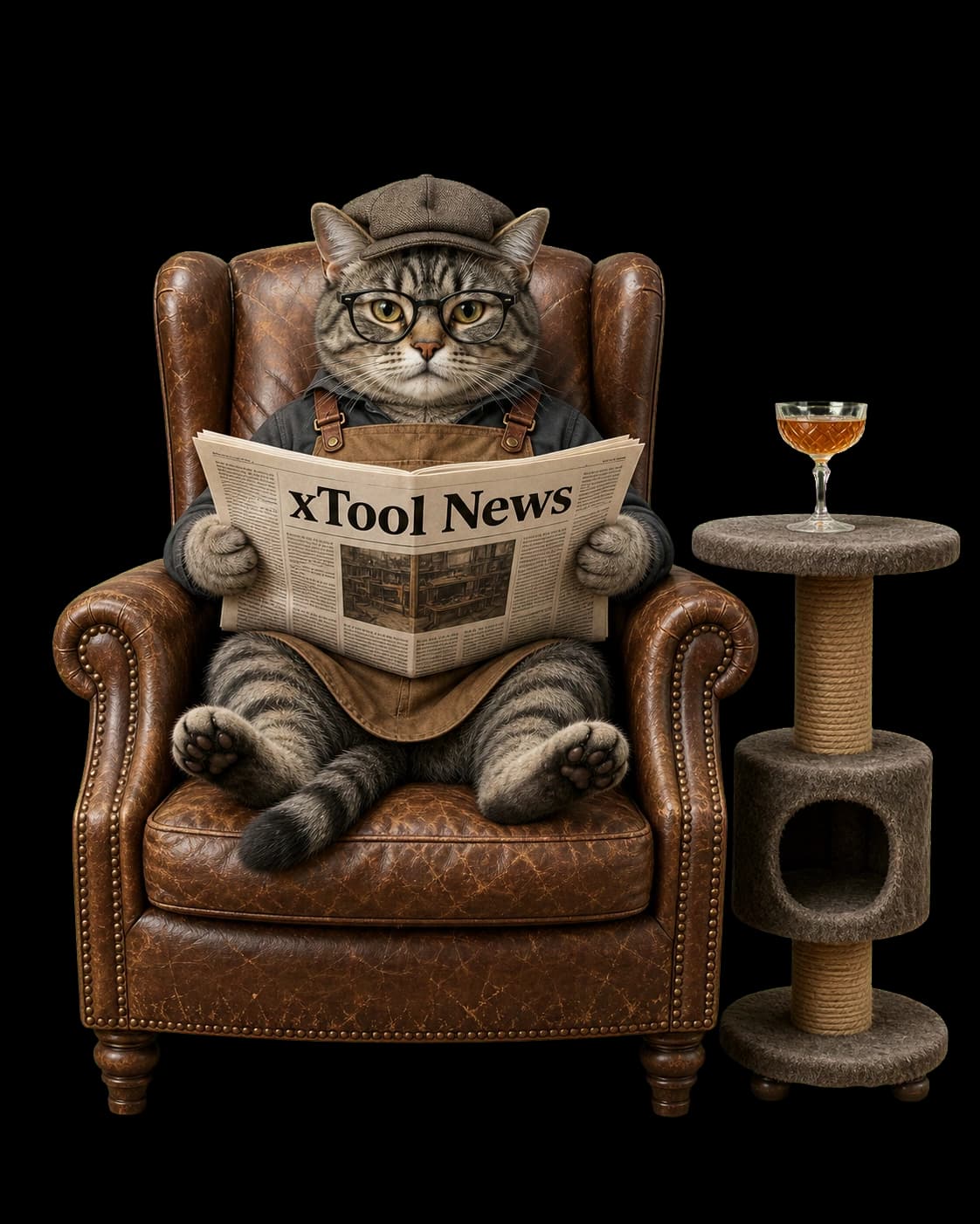 The Crafty Catsman cat in a leather recliner holding a newspaper labeled xTool News beside a cat-tree side table