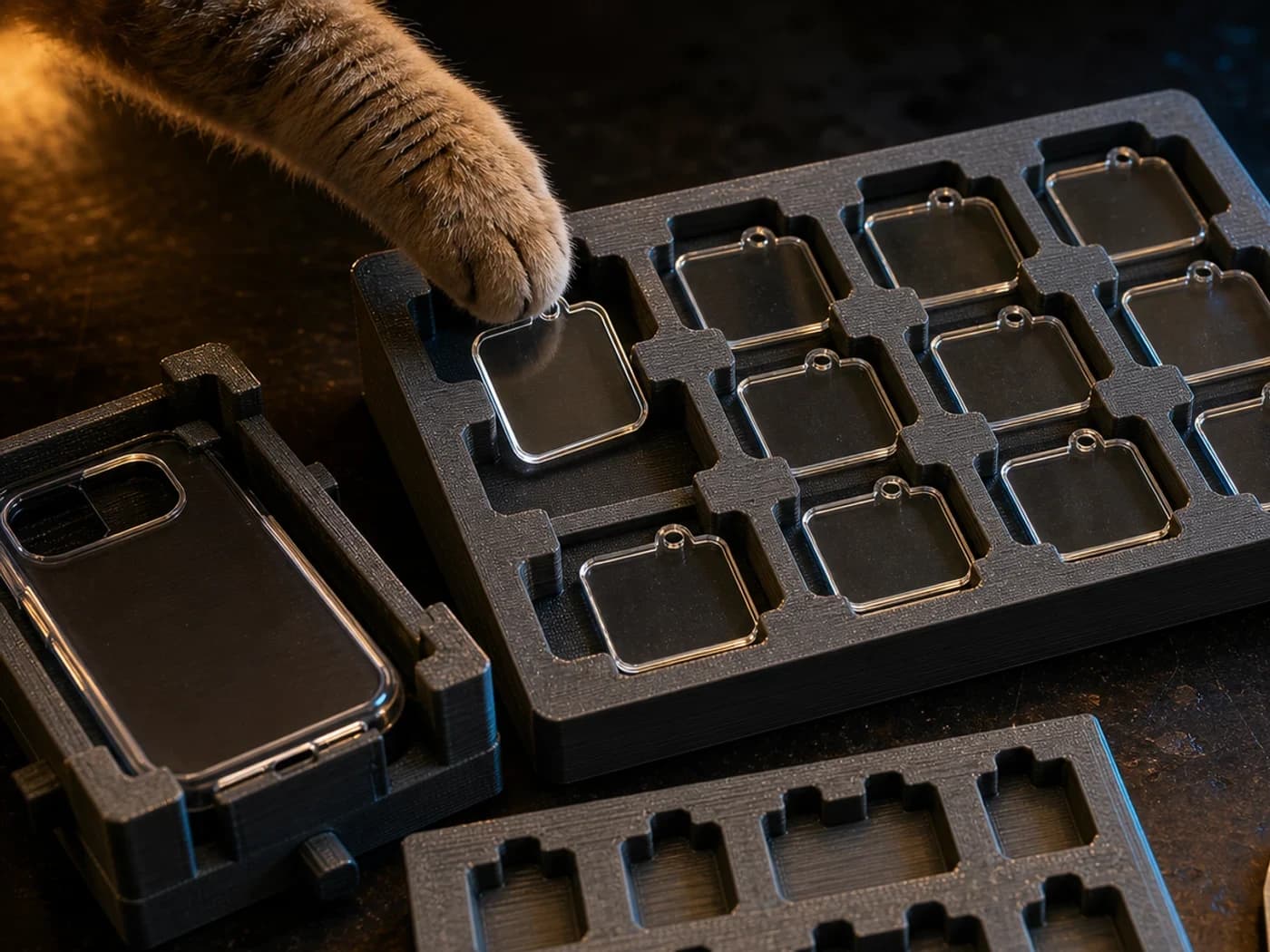 3D-printed batch jigs on a workbench: a printed tray holding rows of keychain blanks and a corner-stop fixture holding a phone case, with a paw placing a blank into a pocket