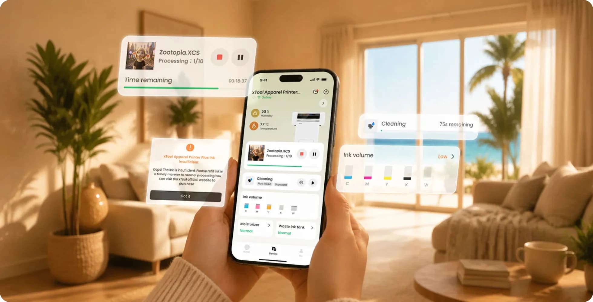 Official xTool promotional image showing Apparel Printer Plus status, cleaning, ink-level, and alert screens in the xTool Studio app