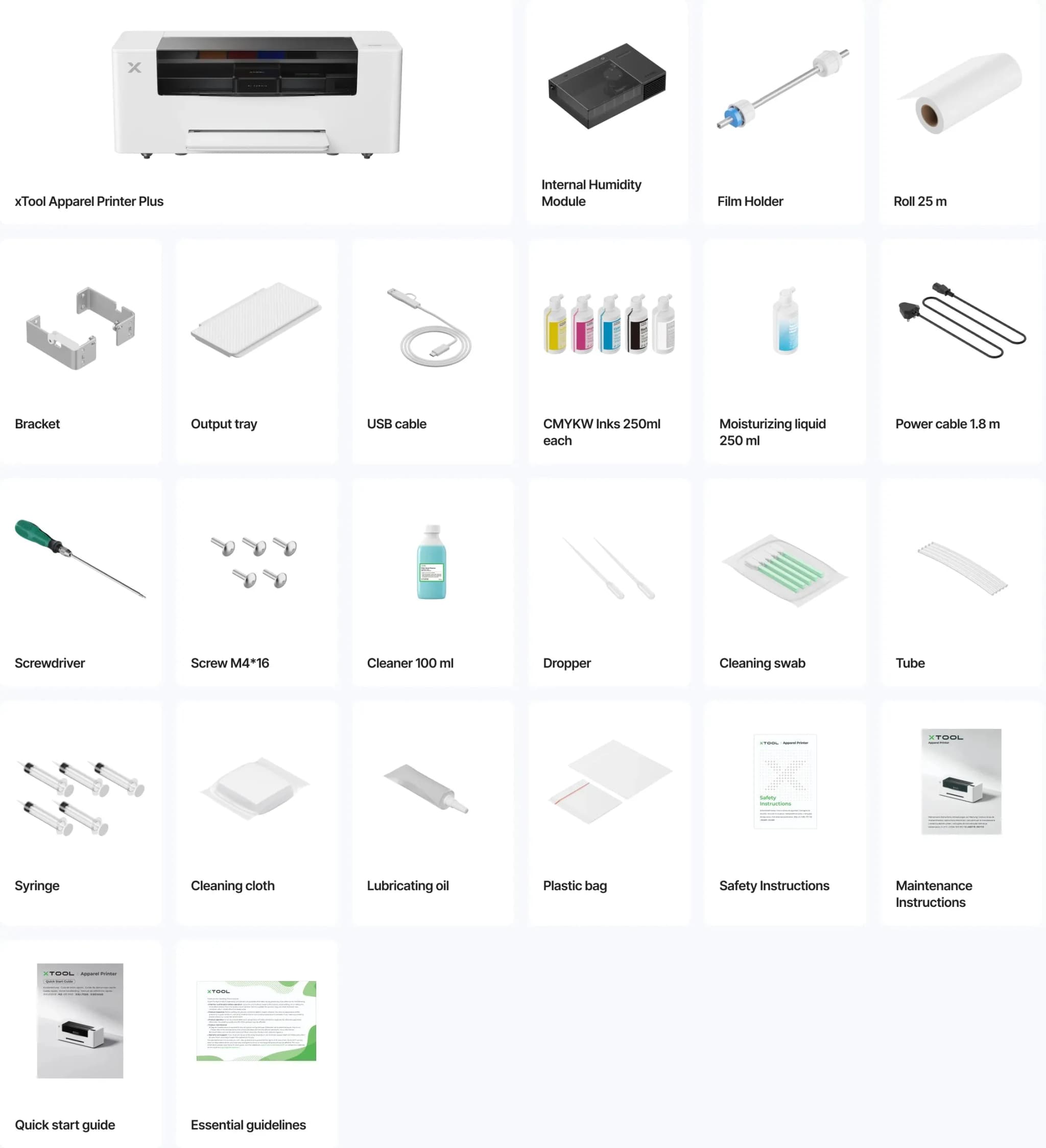 Official xTool image showing Apparel Printer Plus package contents