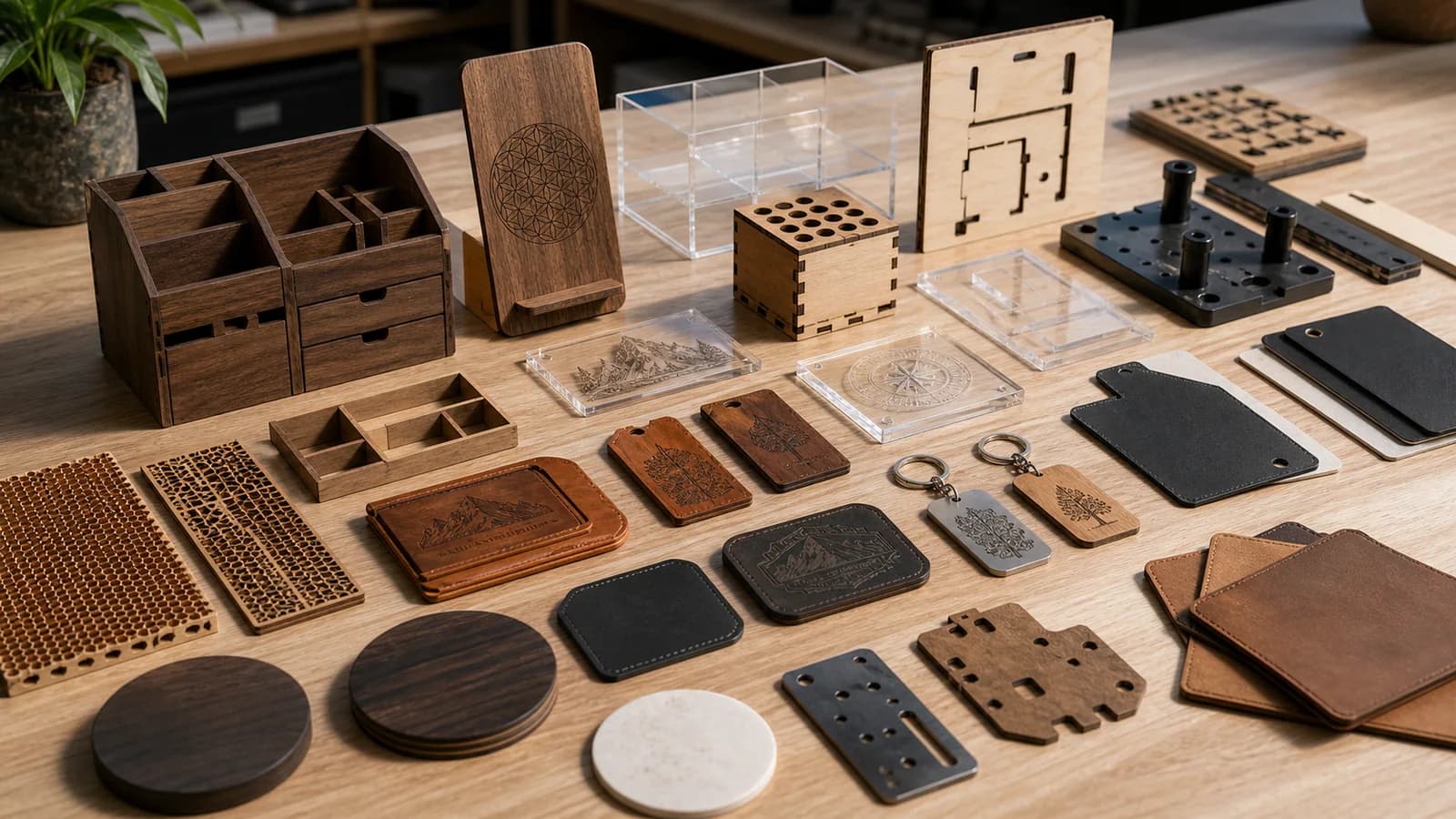 Laser-cut wood pieces, engraved leather patches, acrylic parts, tags, and small jigs on a maker bench