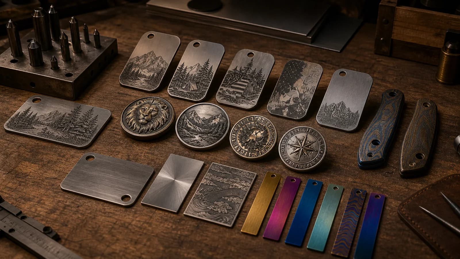 Engraved metal tags, challenge coins, knife scales, and color test strips arranged on a workshop bench