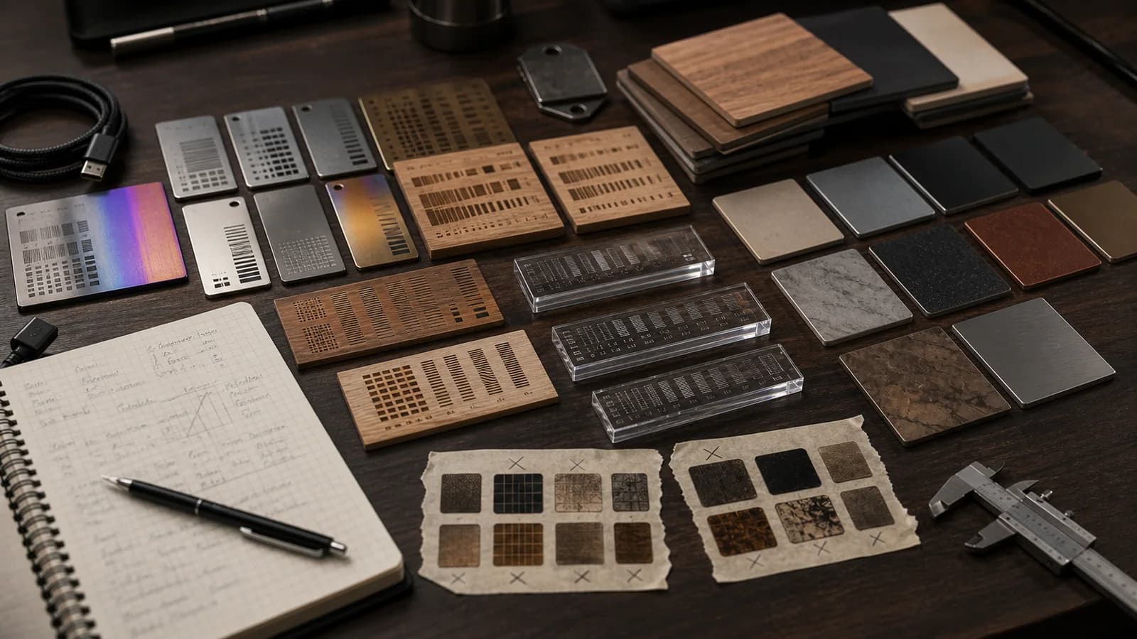 Laser test grids, material coupons, sample tiles, calipers, and notes arranged on a workshop bench