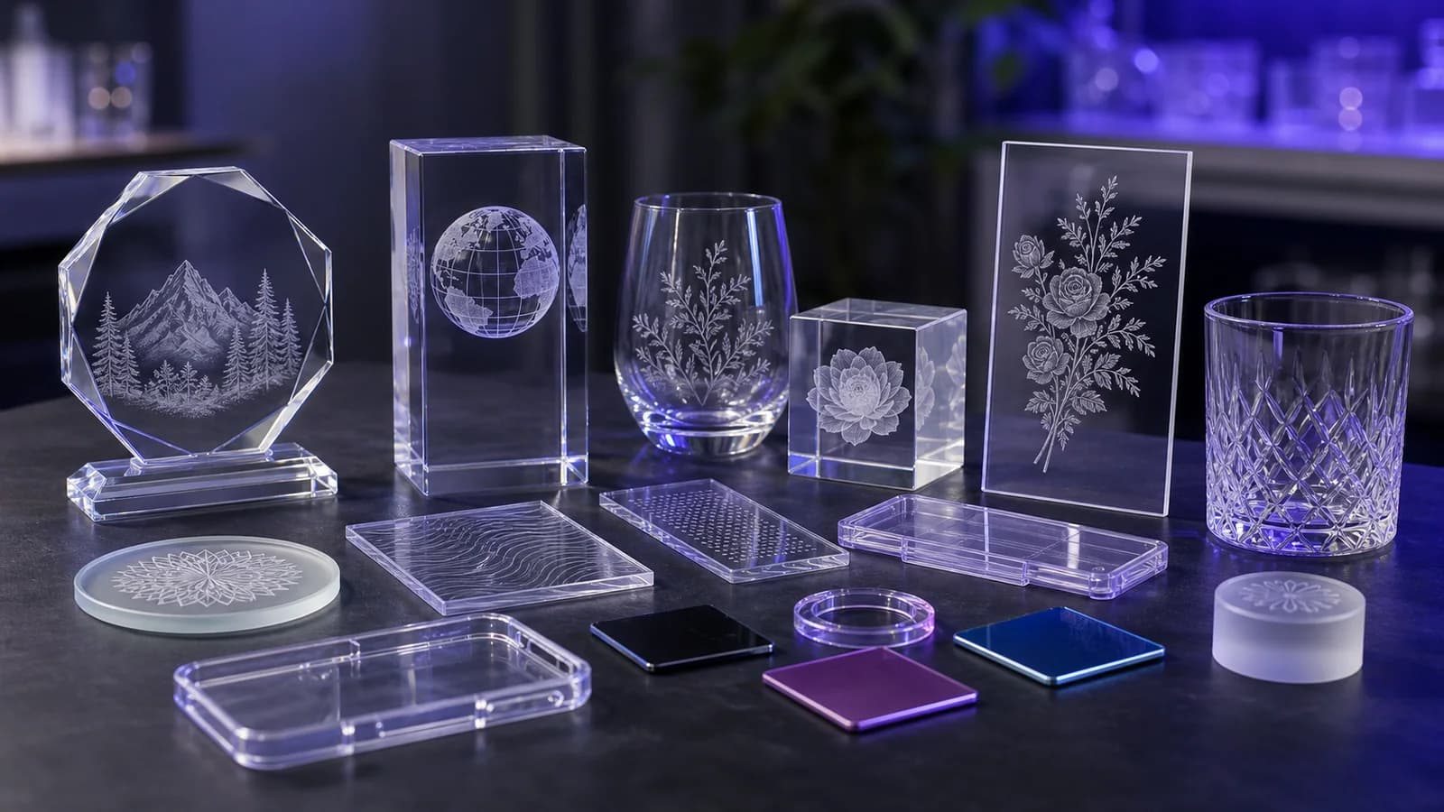 Engraved glass awards, crystal blocks, acrylic plates, and translucent plastic samples on a workbench
