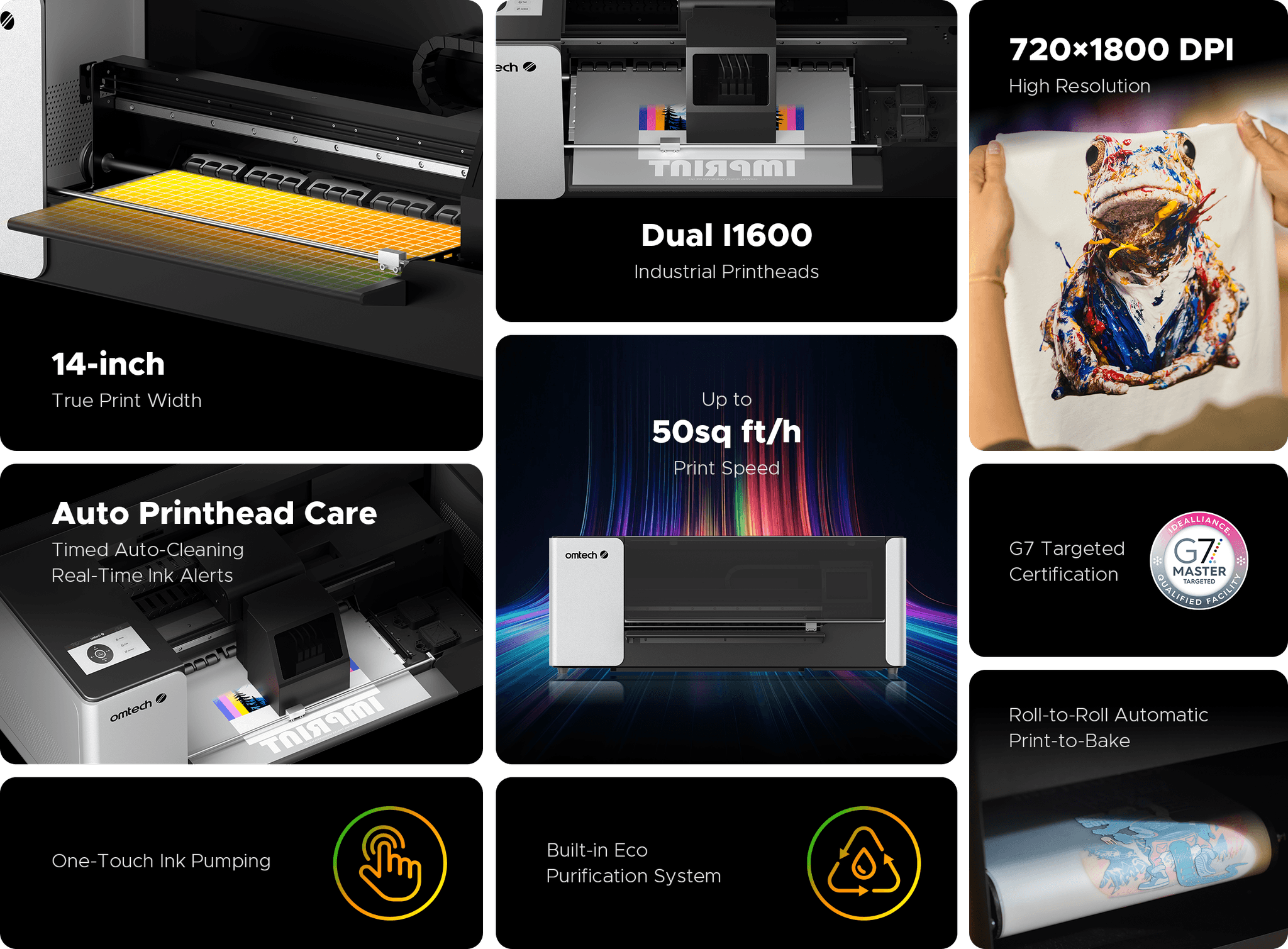 OMTech Aurora DTF printer and printed apparel examples