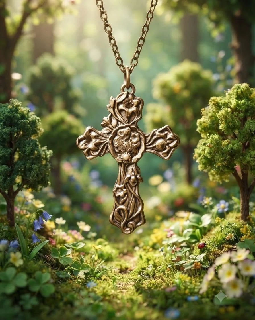 AI-generated presentation image of Christopher's Mother Nature cross pendant hanging in a miniature garden setting.