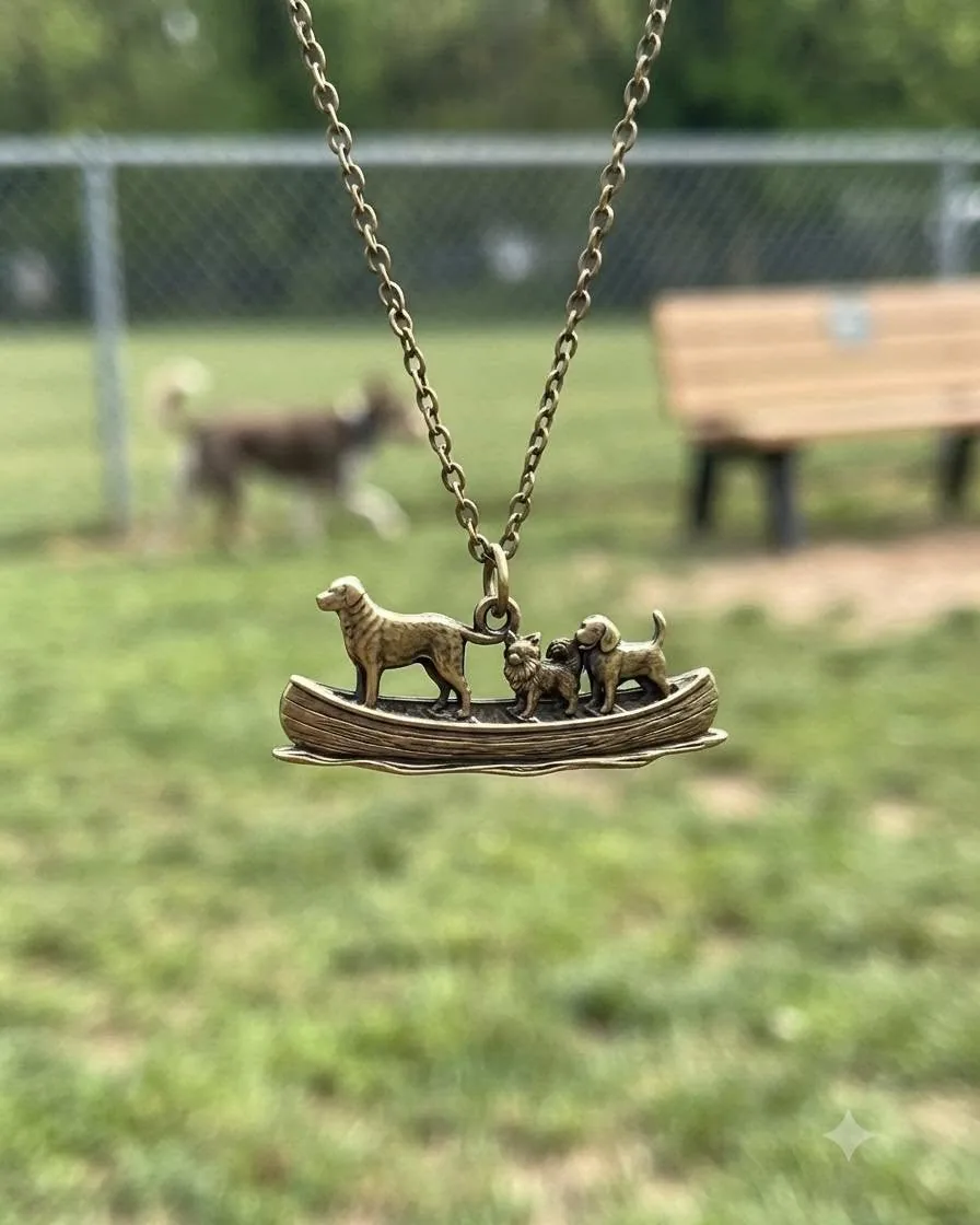 AI-generated presentation image of Christopher's three-dog boat pendant hanging outdoors on a chain.