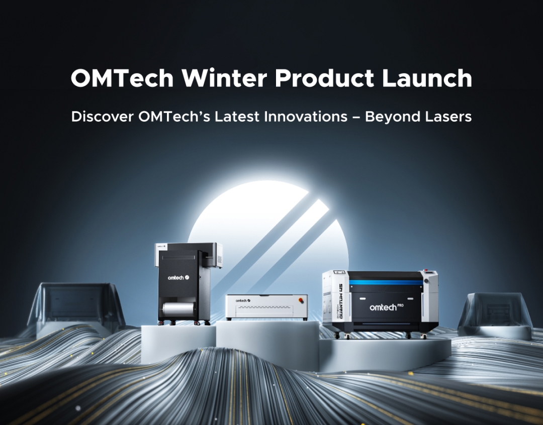 OMTech Winter Product Launch official announcement banner showing machines from the January 2026 reveal
