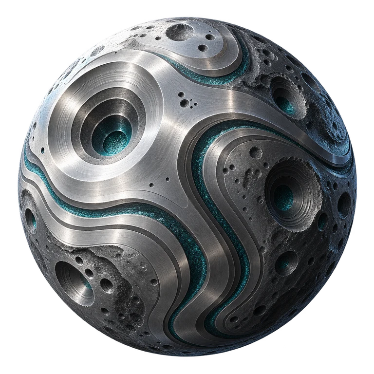 Fictional machined-metal ToolDance moon with concentric toolpath grooves