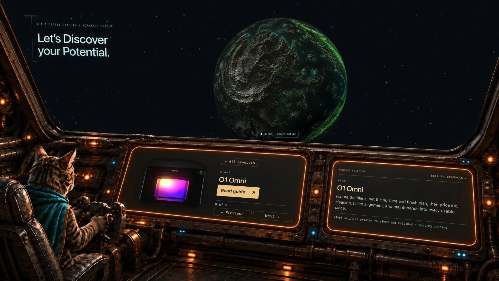 Open Worlds with an xTool machine on Rocco’s console and its details on the cockpit screen.